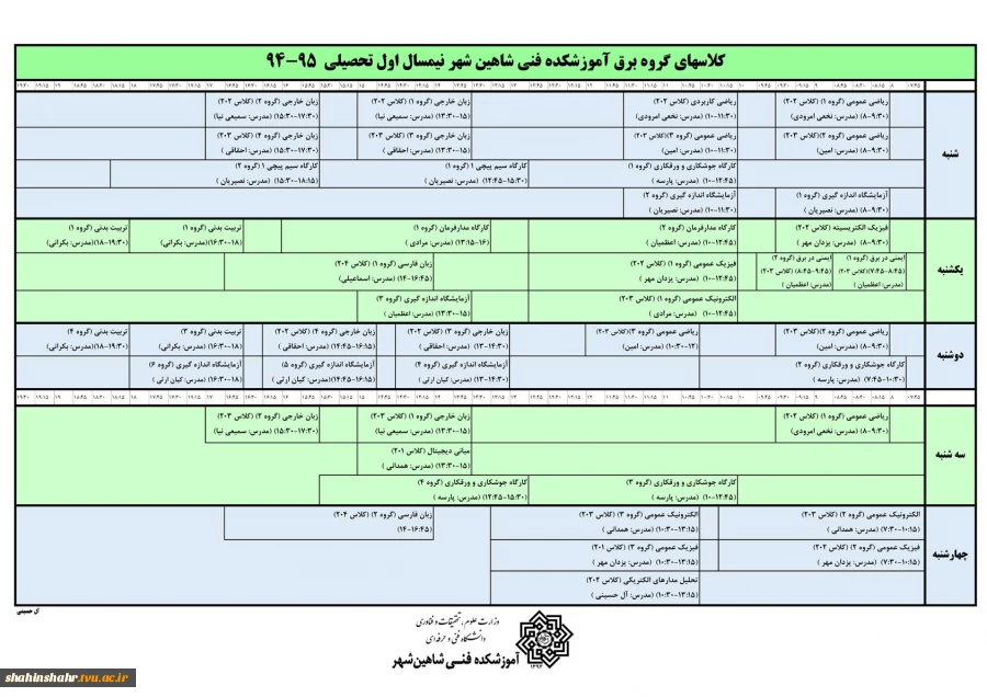 برنامه نهایی کلاسهای گروه برق ترم مهر 94