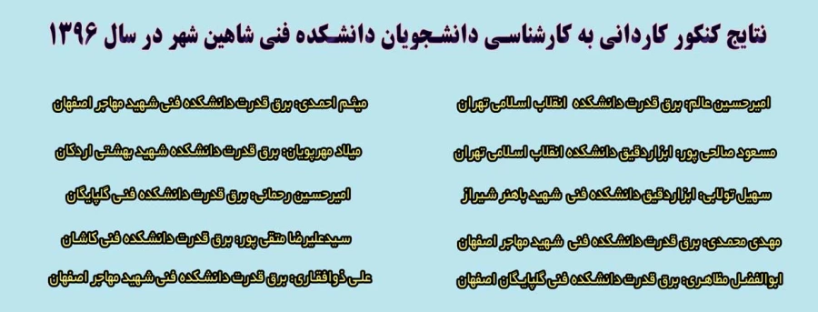 نتایج کنکور کاردانی به کارشناسی دانشکده فنی شاهین شهر در سال 1396